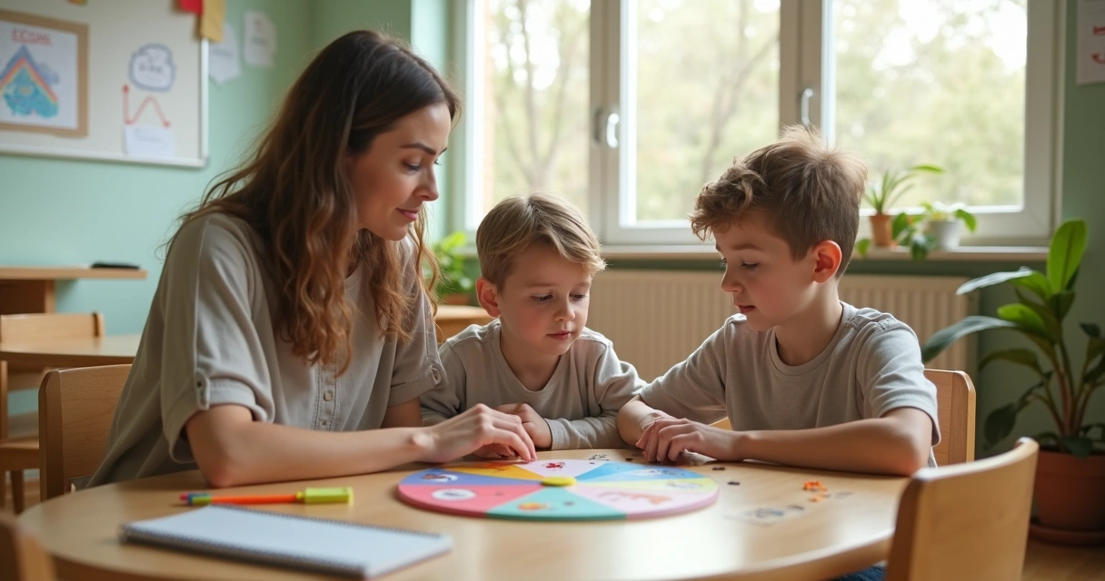 Docente guiando a un niño en actividad de educación emocional en aula luminosa 