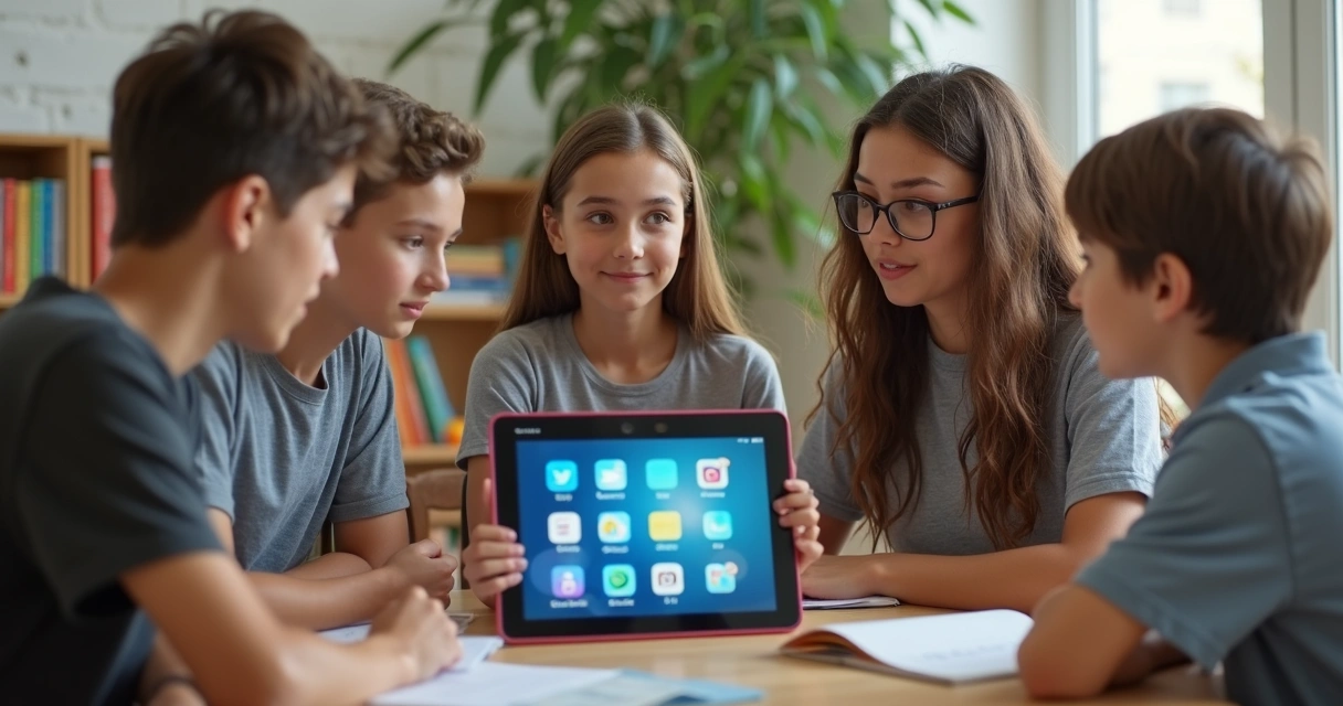 Docente mostrando a jóvenes cómo usar redes sociales éticamente