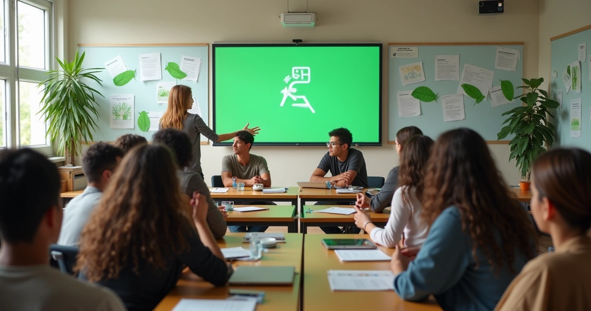 Aula con jóvenes en debate sobre sostenibilidad. 