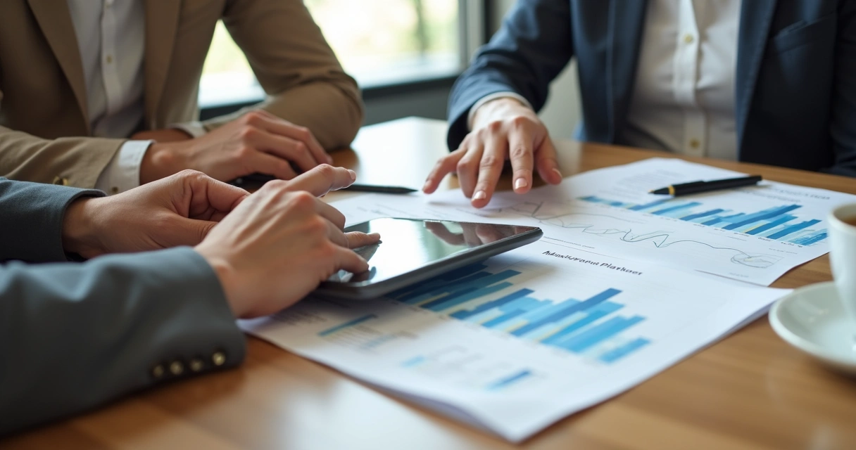 Educador financeiro mostrando plano para cliente em tablet 