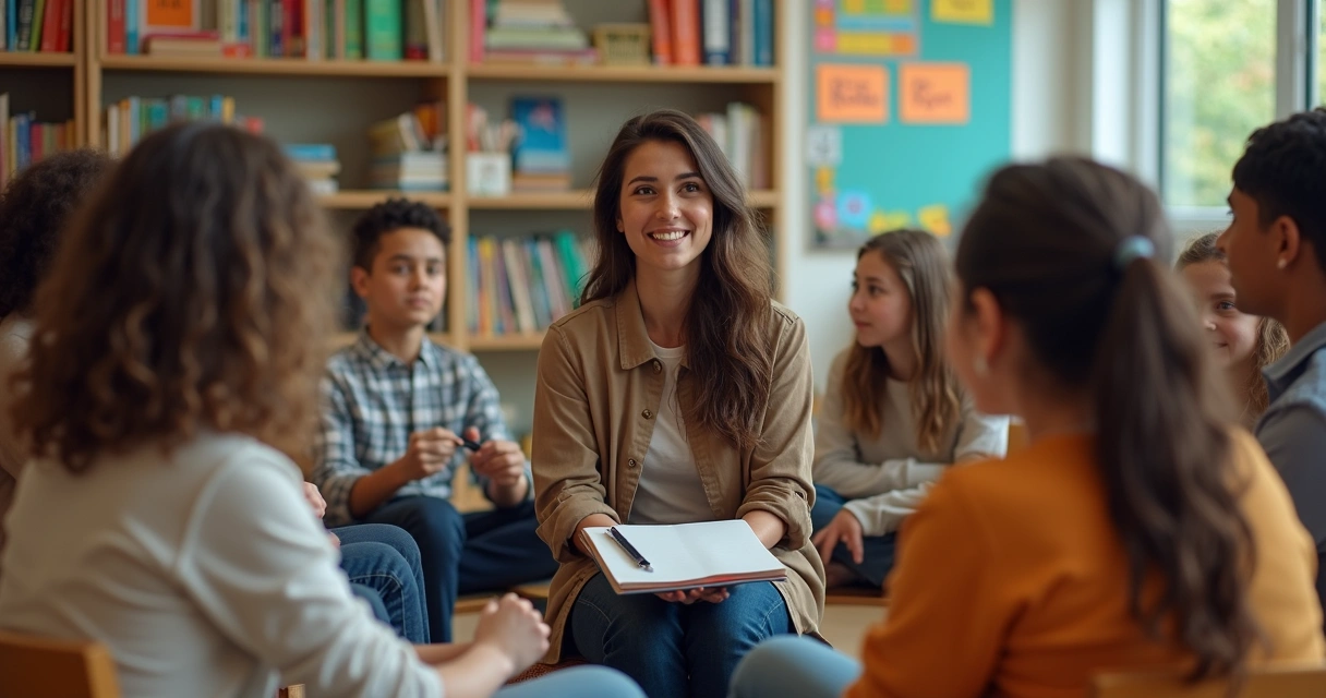 Educador conversa com alunos em sala de aula, todos em círculo 