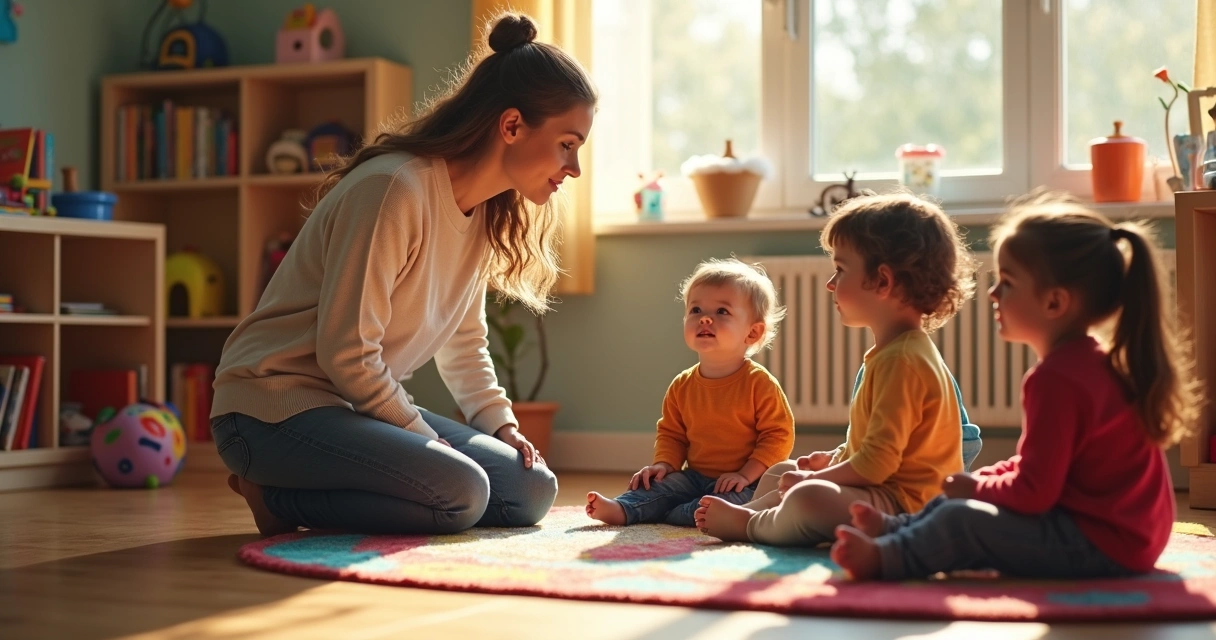 Educador atento guiando grupo de crianças na sala de aula 