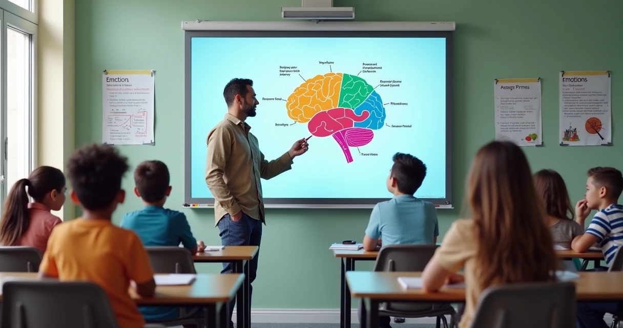Professor explica desenho de um cérebro em sala de aula para alunos atentos. 