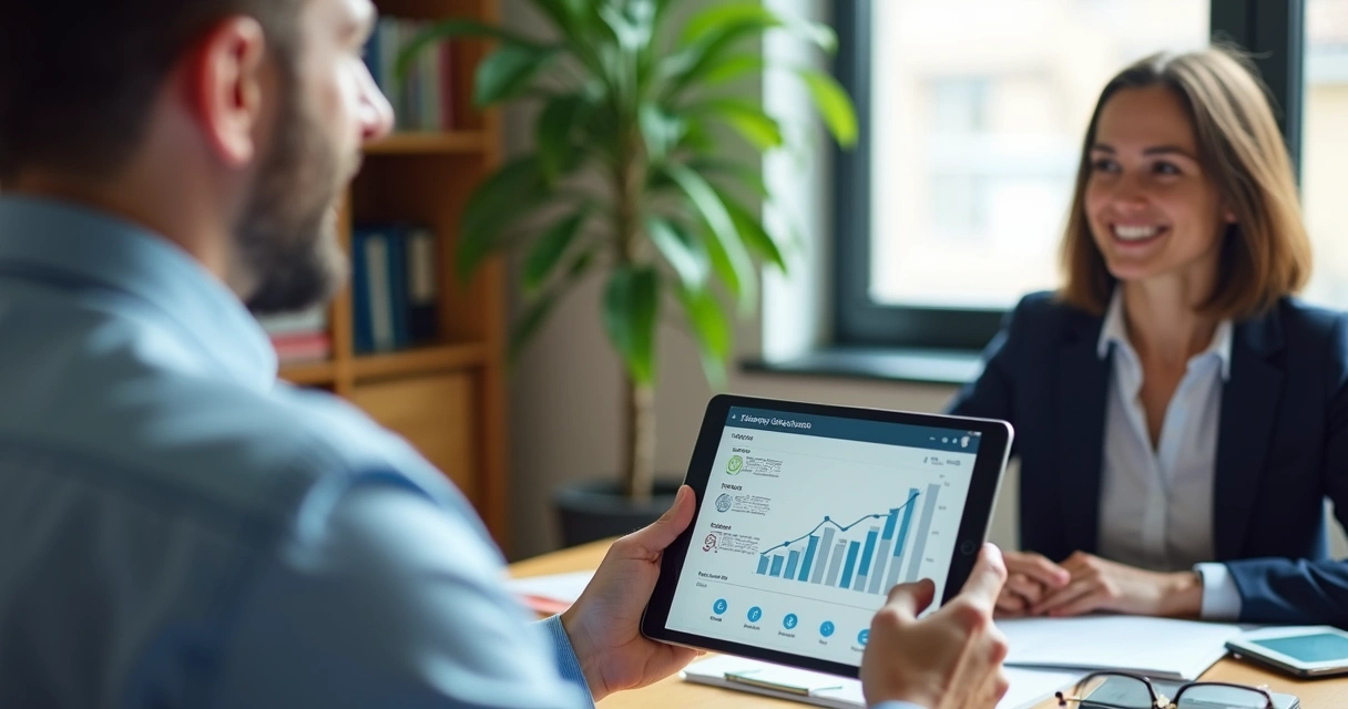 Educador financeiro oferecendo novos serviços com tablet em reunião profissional 