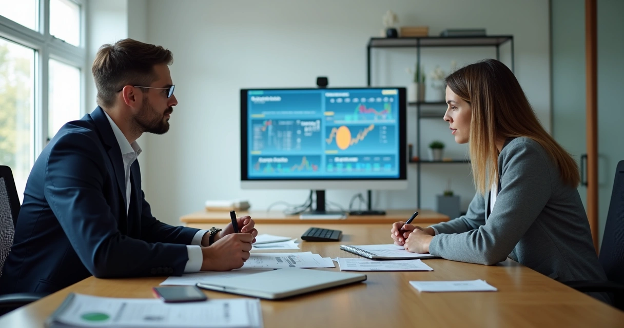 Educador financeiro faz consultoria com cliente em sala de reunião moderna, ambos analisam gráficos e planilhas digitais, ambiente iluminado, mesa de madeira, notebooks e papéis sobre a mesa 