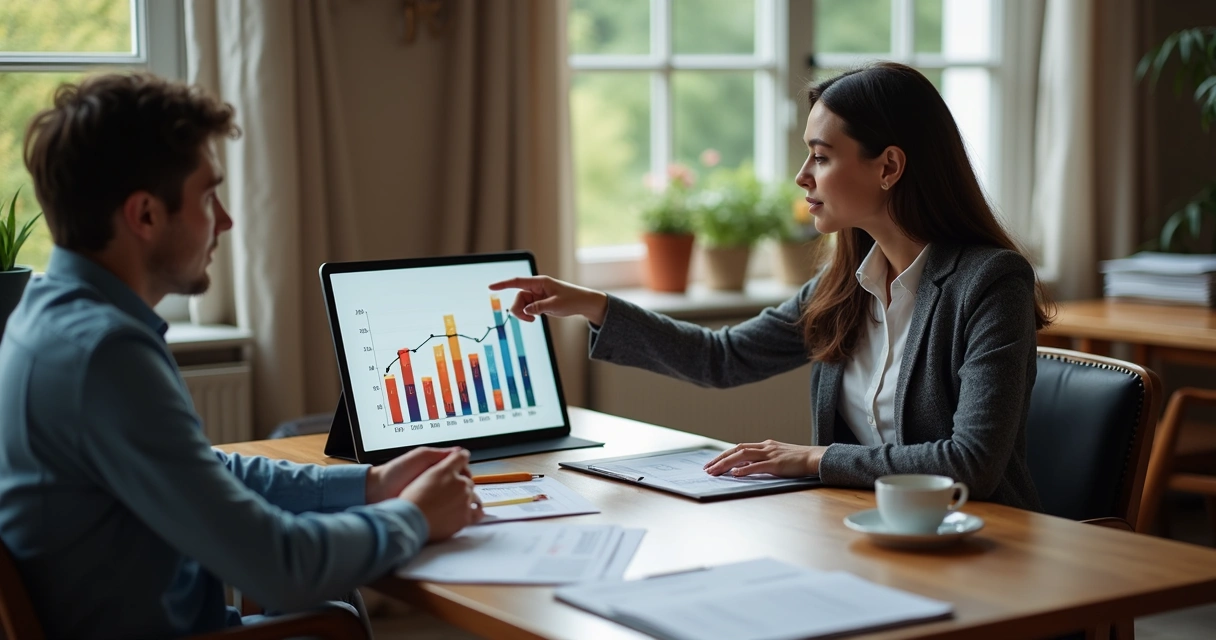 Educador financeiro apresentando gráficos em reunião com cliente 