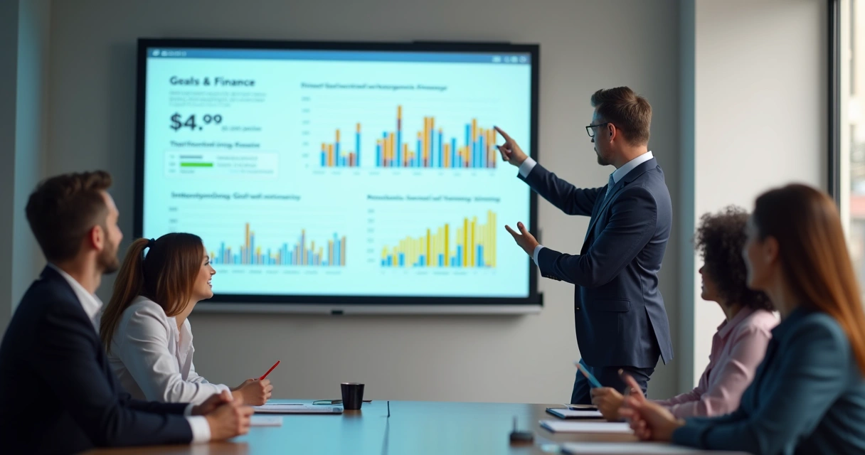 Profissional de finanças apresentando palestra para grupo de adultos, com projetor e gráficos na tela. 