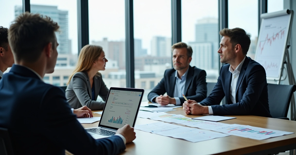 Educador financeiro conduzindo plantão em ambiente moderno com computador e grupo de pessoas 