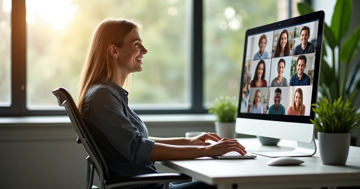 Educador financeiro feliz usando computador com clientes online 