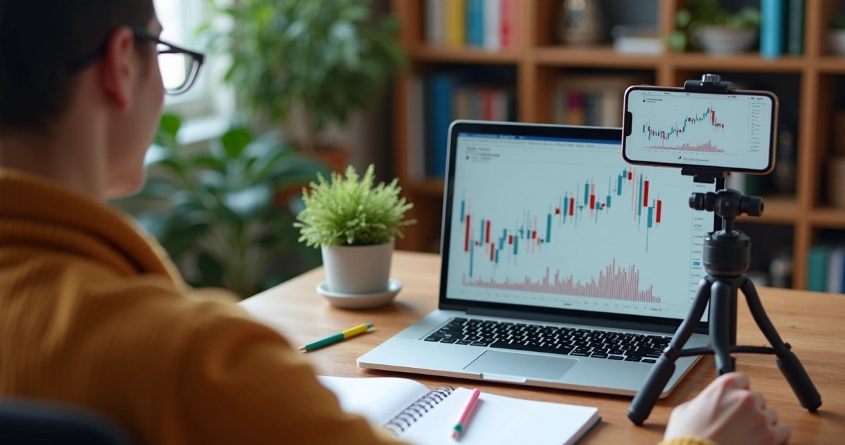 Educador financeiro grava vídeo para redes sociais com notebook e anotações na mesa 