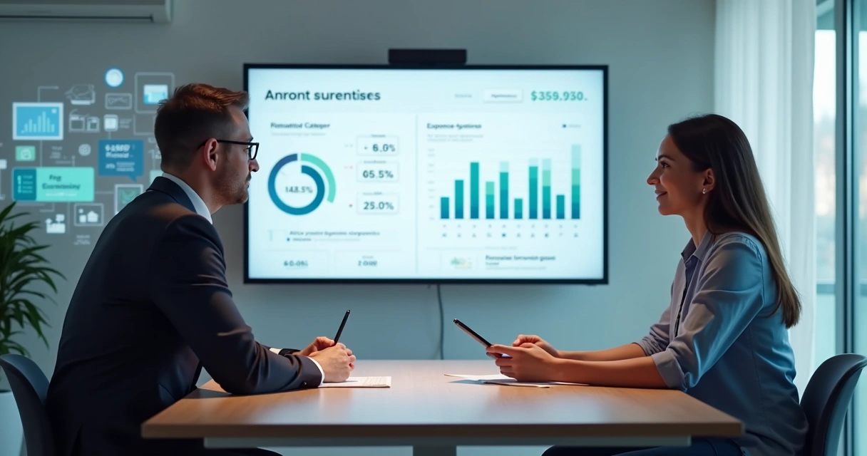 Educador financeiro e cliente em reunião digital analisando gráficos 