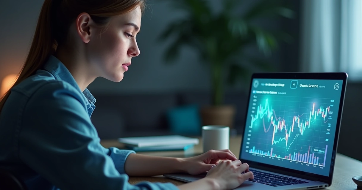 Educador financeiro analisando recomendações de IA no notebook. 