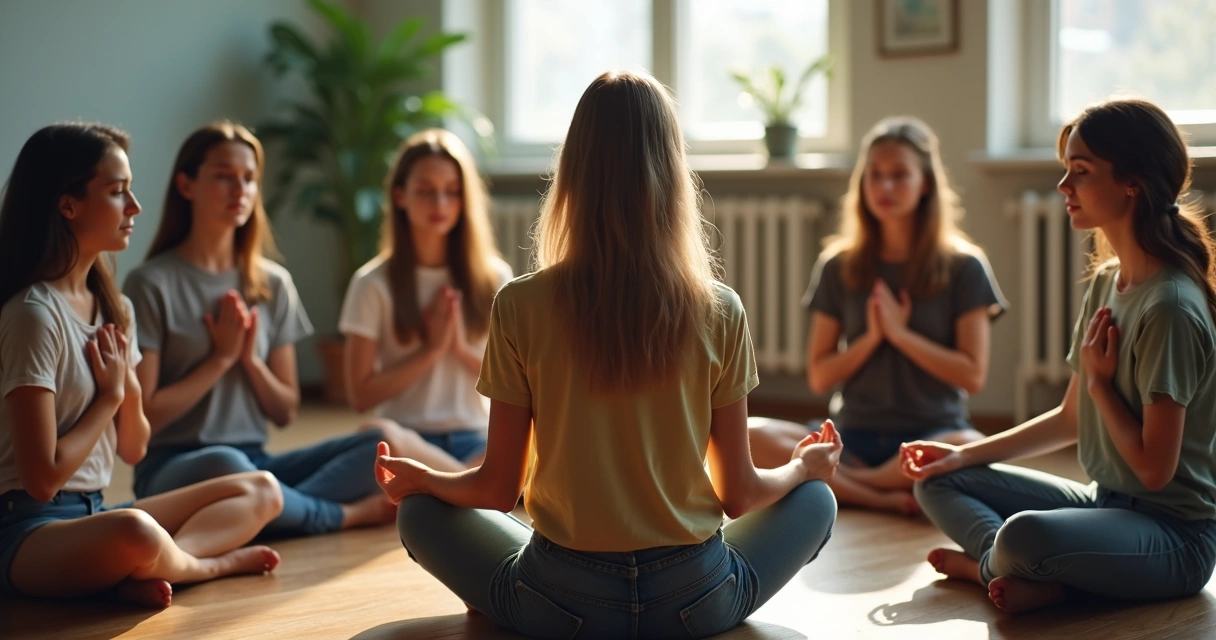 Educador guiando meditación con adolescentes en círculo con expresión tranquila