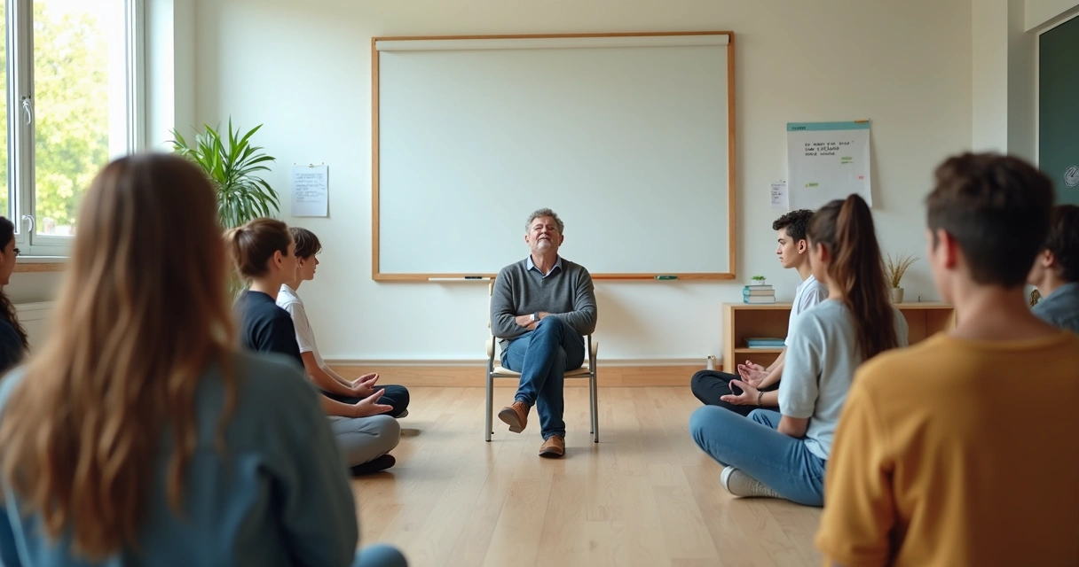 Líder facilitando ejercicio breve de atención plena con grupo en aula luminosa 