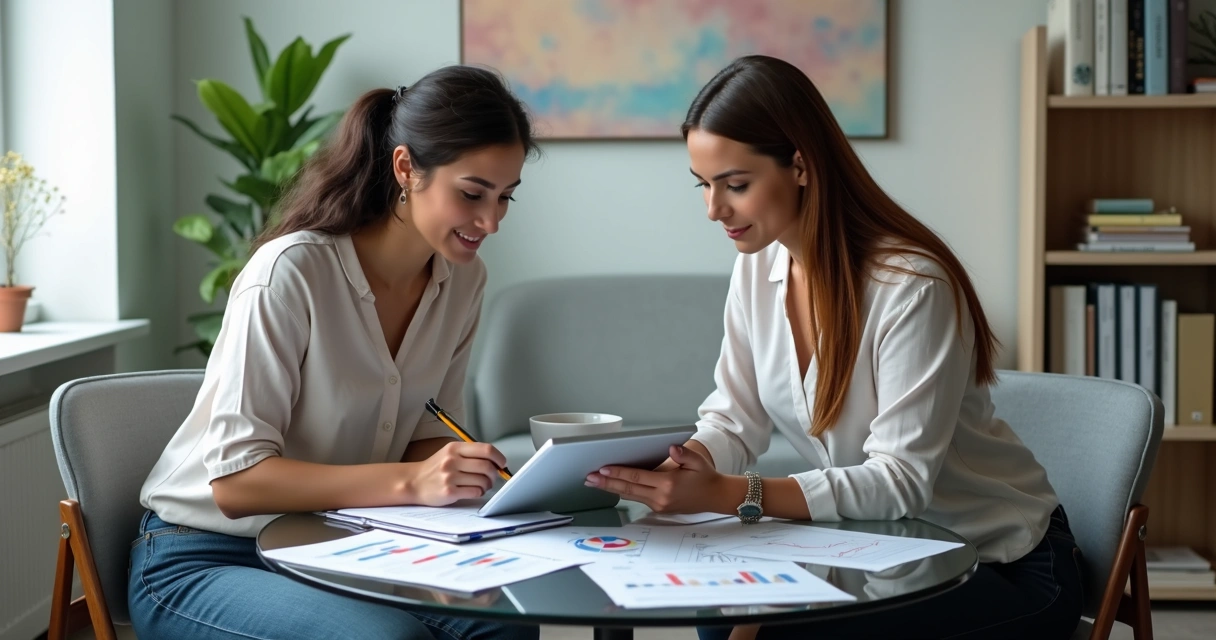 Psicólogo e educador financeiro analisando juntos dados em tablet numa sala de atendimento moderna 