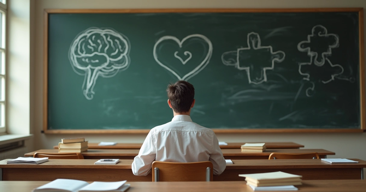 Educador sentado em sala de aula refletindo entre livros e quadro negro 