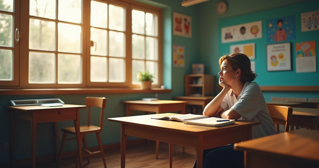 Docente reflexionando en su aula 