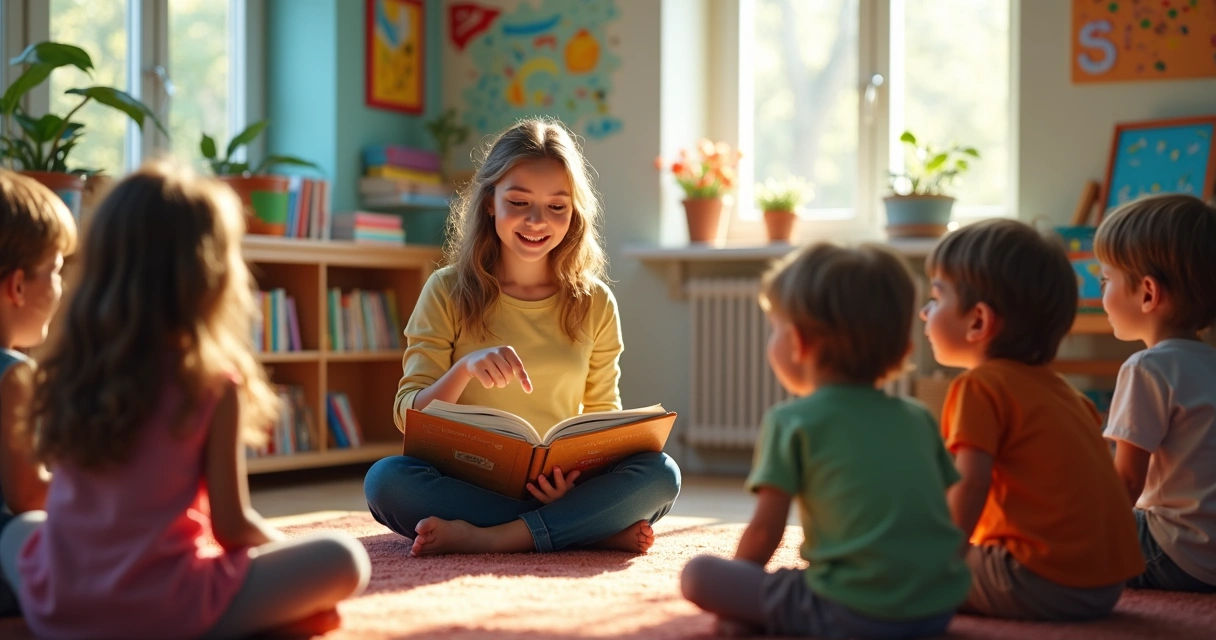 Professora sentada em roda com crianças durante uma sessão de leitura infantil 