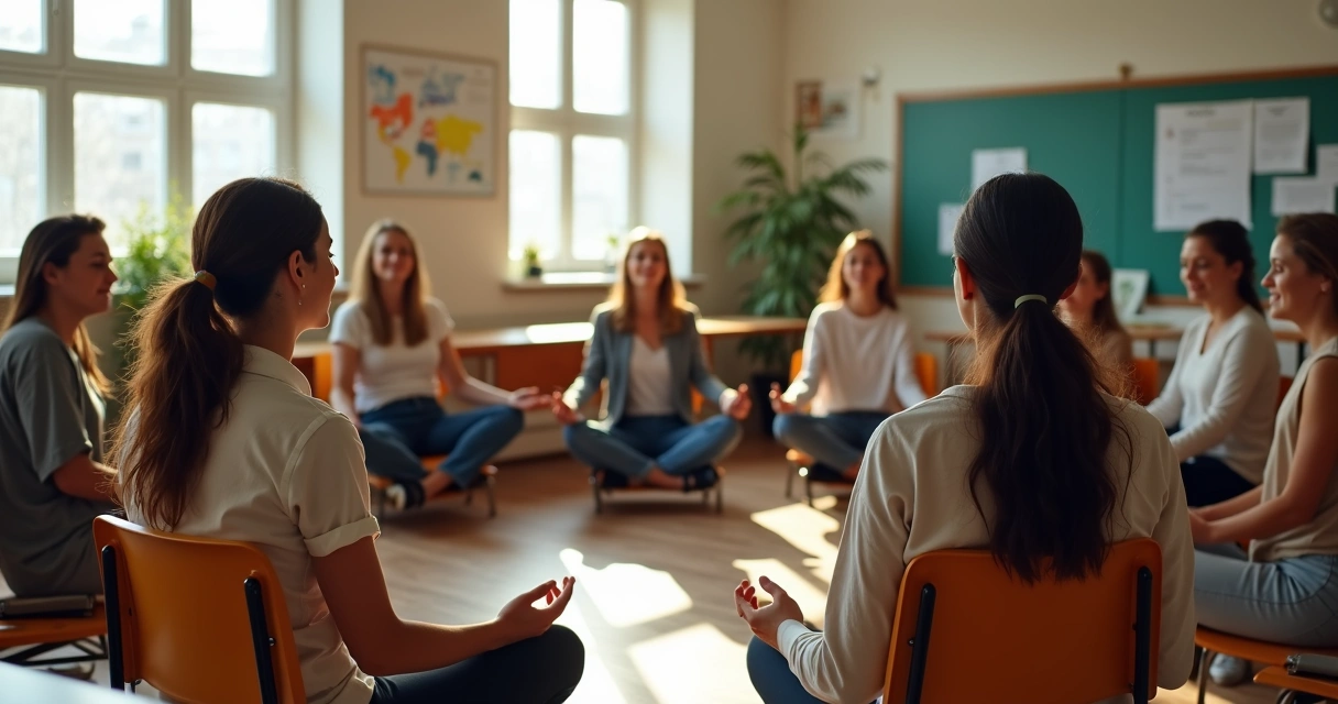 Grupo de maestros meditando en el aula 