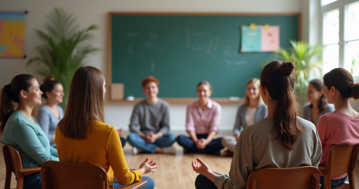 Educadores sentados em círculo praticando mindfulness em uma sala de aula