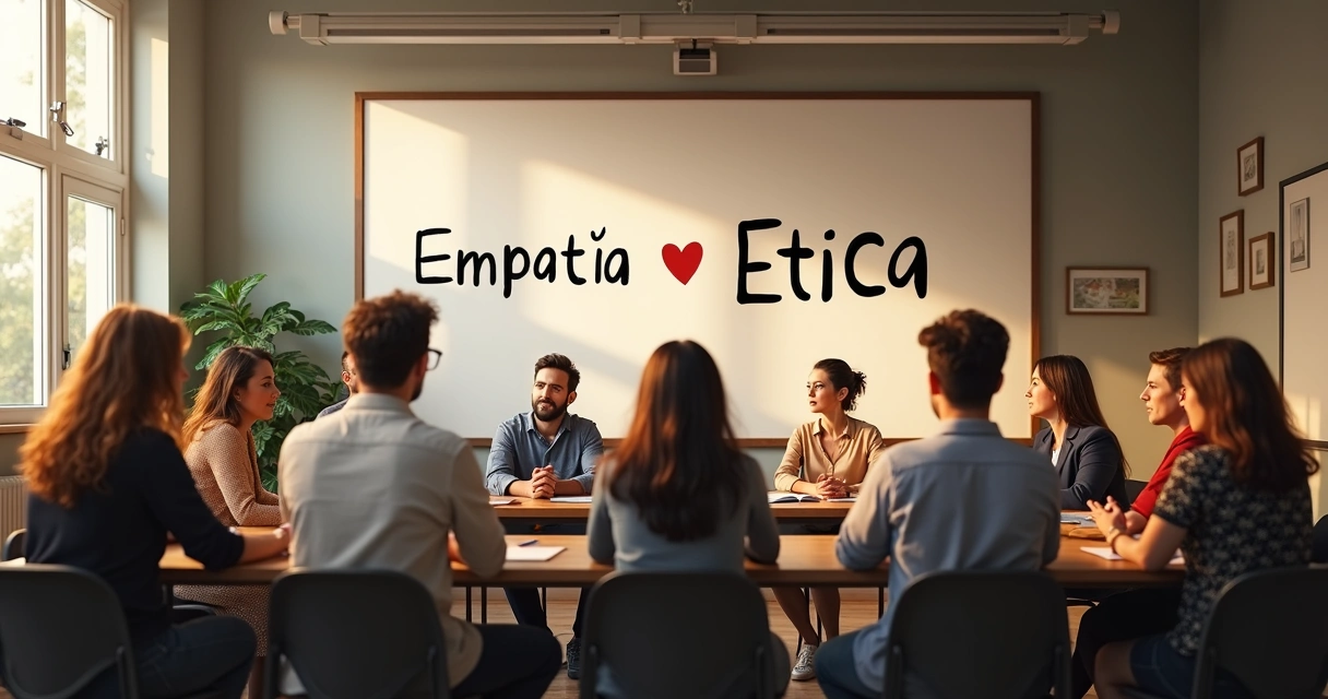 Grupo de personas conversando en un aula, reflejando educación ética.