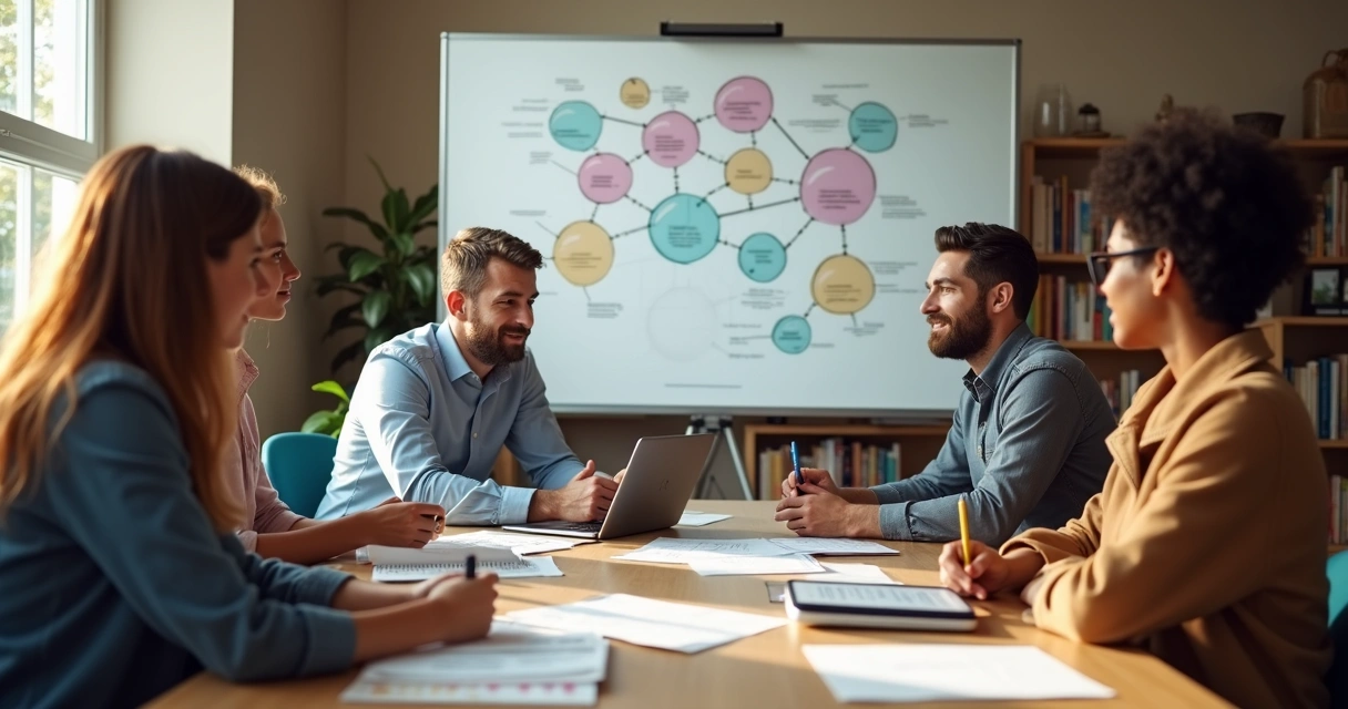 Education team members engaged in discussion around a table