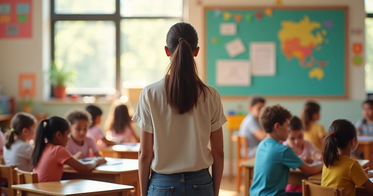 Calm educational leader in a classroom with students