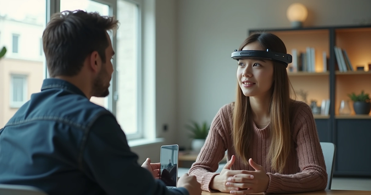 Pessoa usando EEG portátil durante interação social em pesquisa 