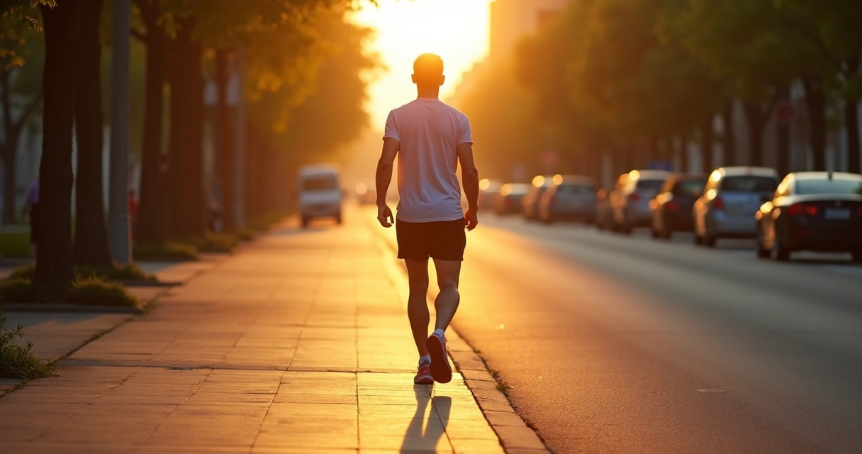 Pessoa caminhando ao amanhecer em rua tranquila