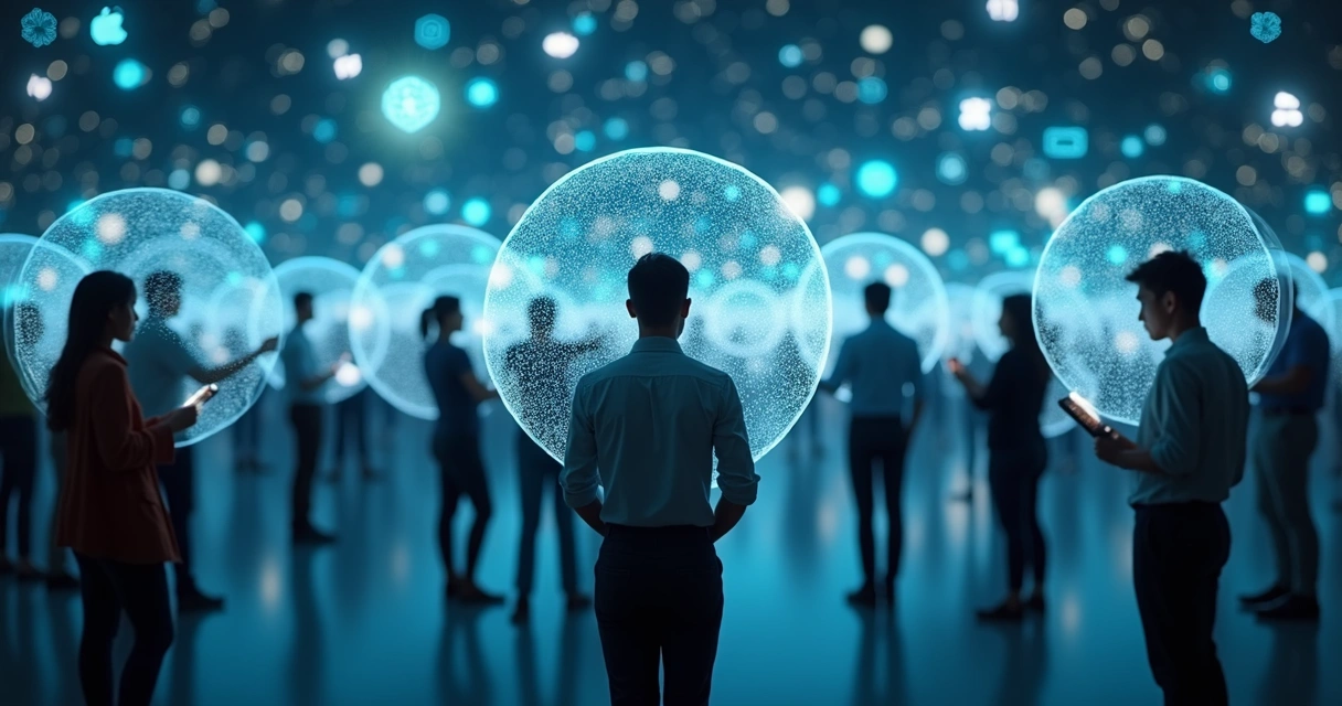 Ilustração de pessoas em bolhas separadas olhando para telas coloridas 