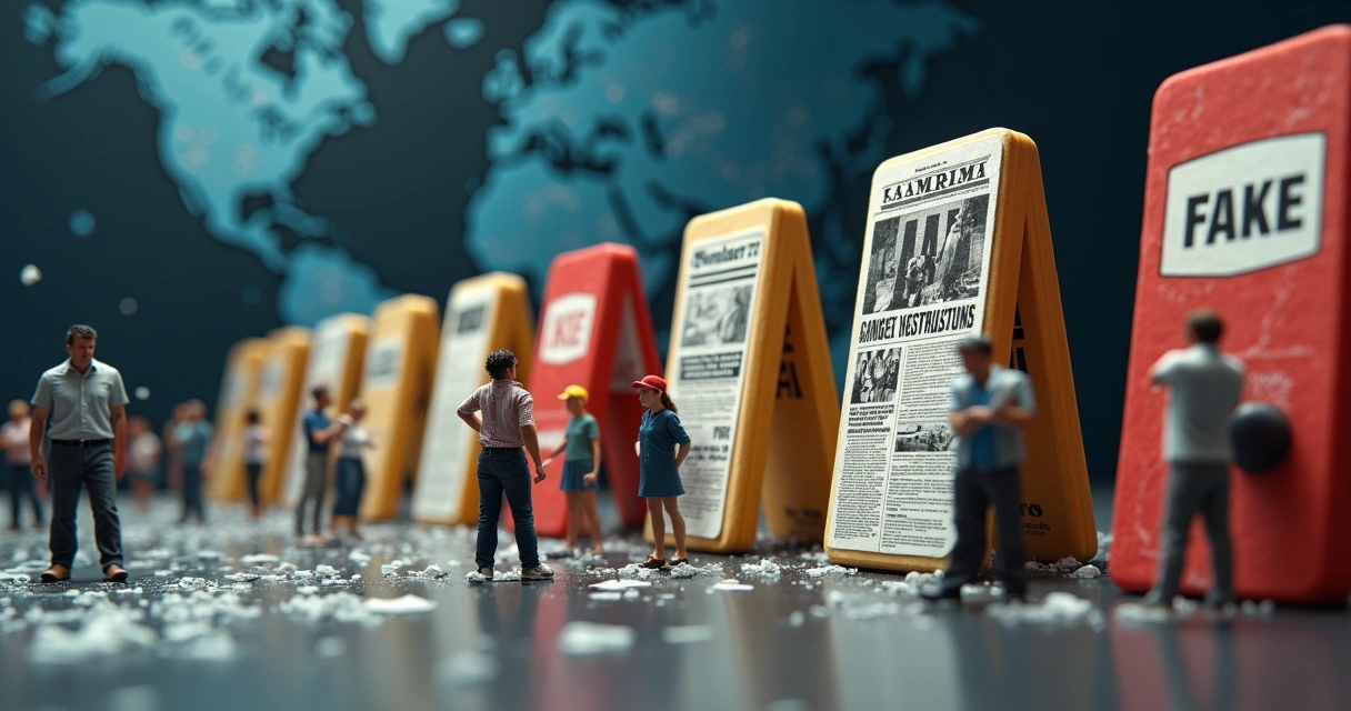 Efeito dominó com peças ilustrando notícias falsas e pessoas afetadas 