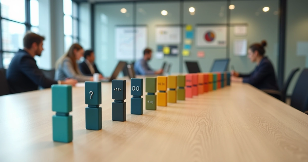 Peças de dominó coloridas ligando pessoas em escritório moderno 