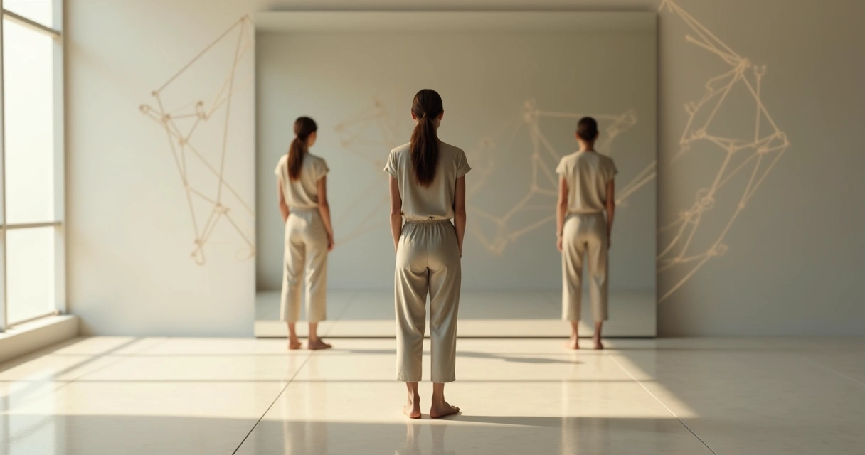 Pessoa em frente a espelho com reflexos múltiplos representando o eu nas relações 