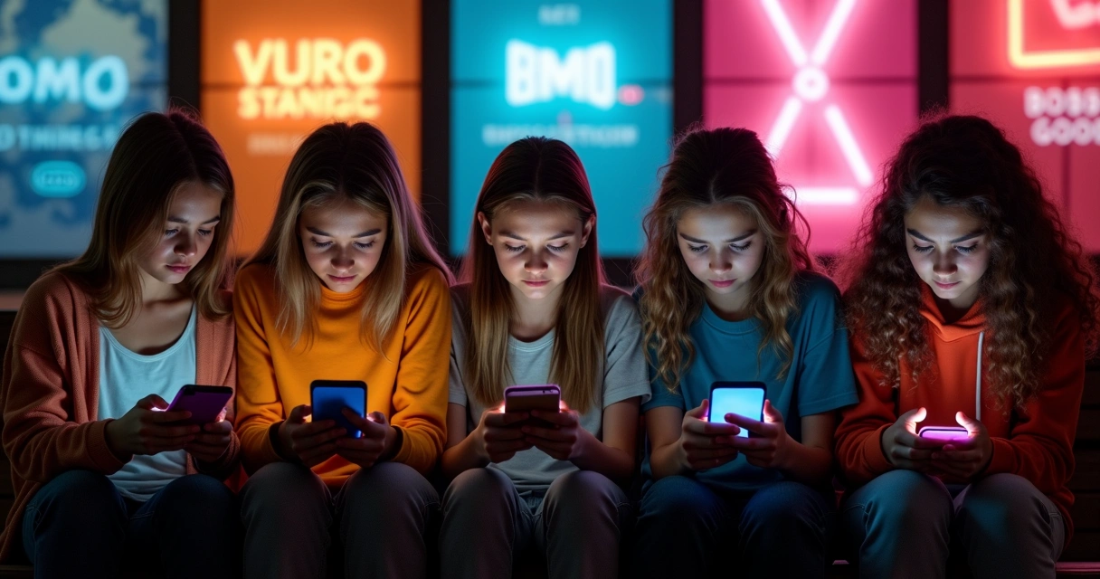 Adolescentes olhando fixamente celulares lado a lado 