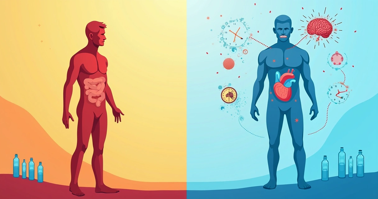 Ilustração mostrando um corpo humano com efeitos de desidratação, destacando a diminuição do volume de sangue e serviços do corpo em crise.