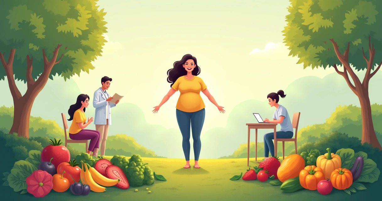 Ilustração mostrando uma pessoa feliz após cirurgia bariátrica, rodeada de alimentos saudáveis e consultor médico ao fundo.
