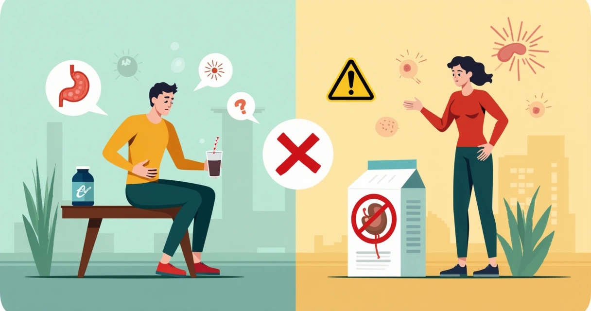 Divided illustration showing symptoms of whey protein side effects, including gastrointestinal discomfort and lactose allergy risks.