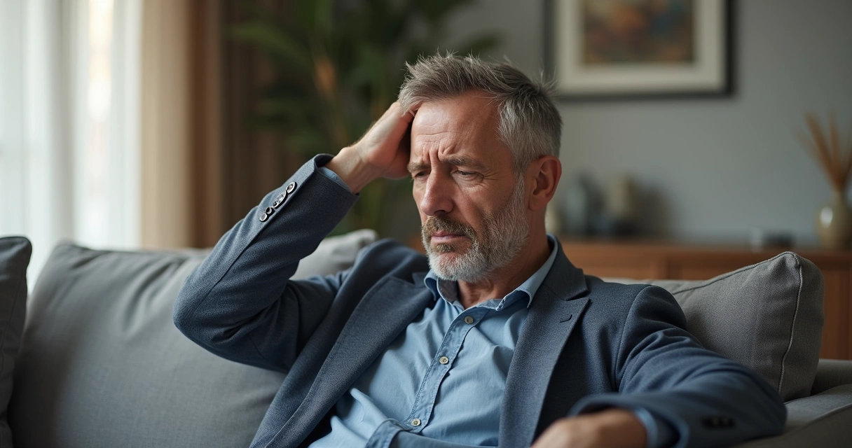 Homem sentado segurando a cabeça com expressão de desconforto 