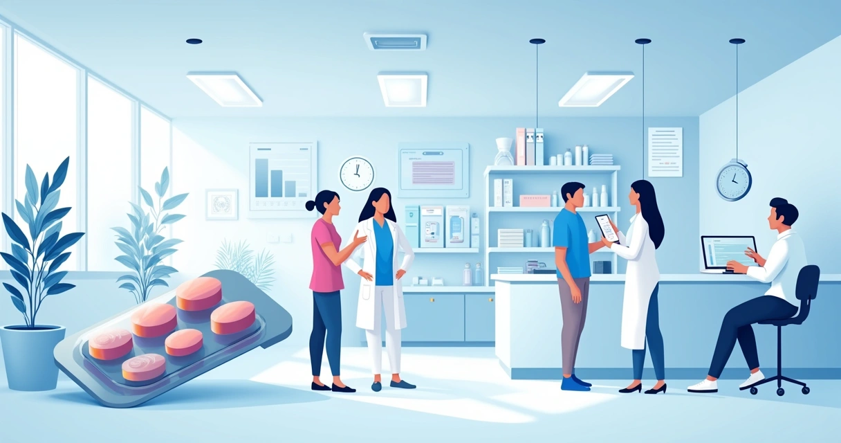 Frasco de medicamentos para disfunção erétil com gráficos ilustrando efeitos colaterais em uma farmácia moderna.