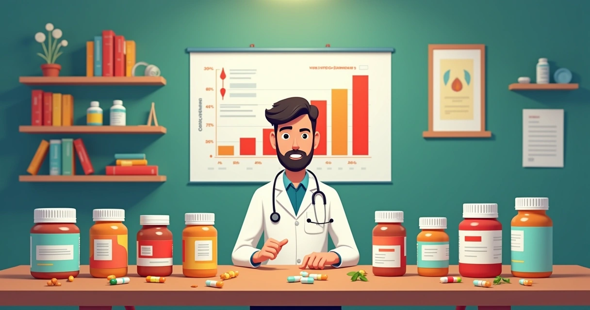 Cenário com frascos de suplementos em mesa, gráfico de riscos e médico observando, trazendo atenção à saúde.