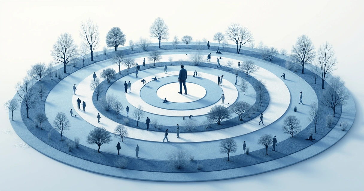 Ilustração de círculos concêntricos em torno de uma decisão, mostrando impactos em diferentes níveis sociais 