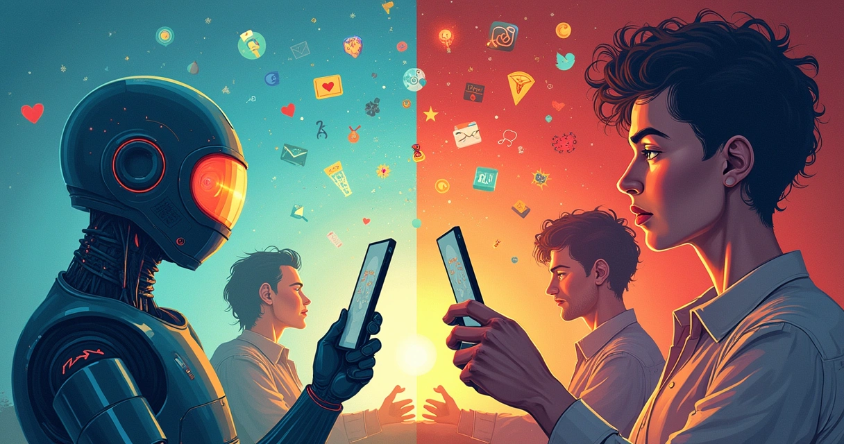 Ilustração de robô em redes sociais, mostrando seguidores artificiais e reações negativas de humanos.