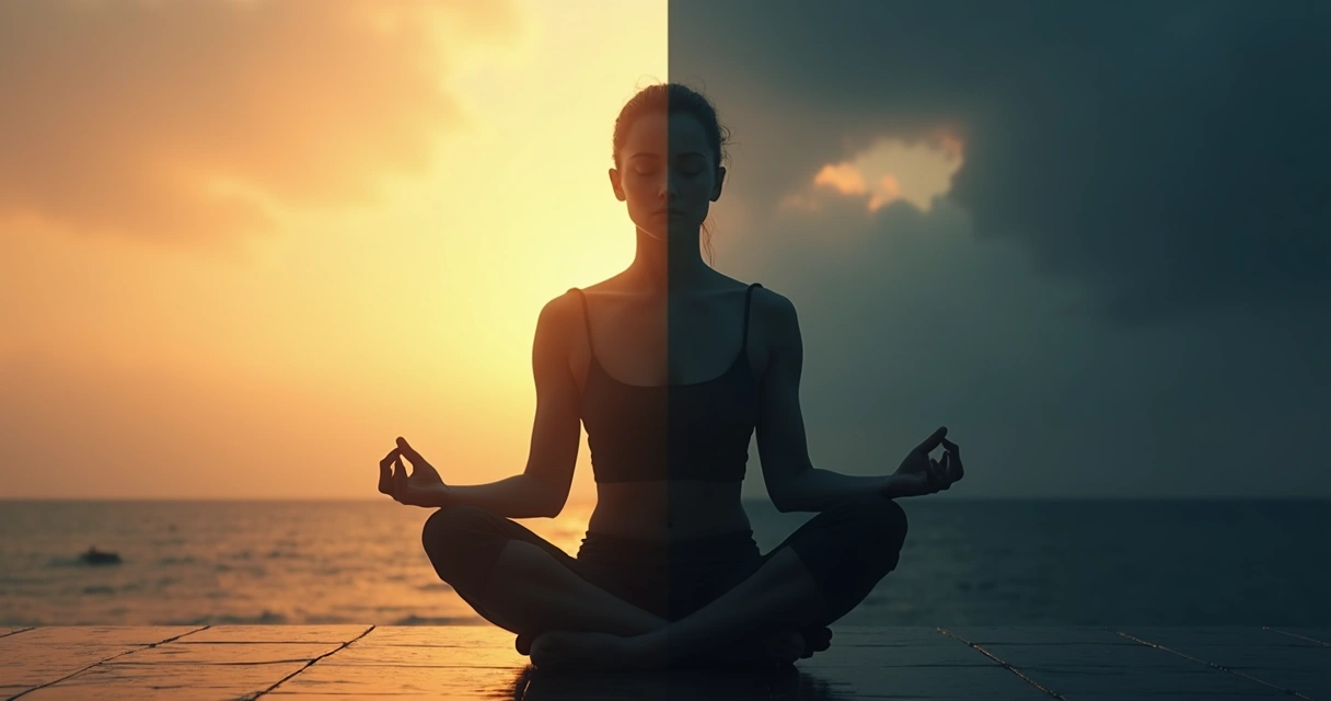 Pessoa sentada em posição de meditação, metade iluminada e serena, metade sombreada e com expressão tensa. 