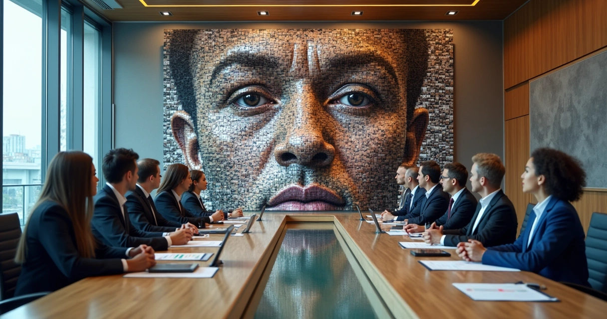 Painel com rosto coletivo formado por várias pessoas em ambiente institucional 