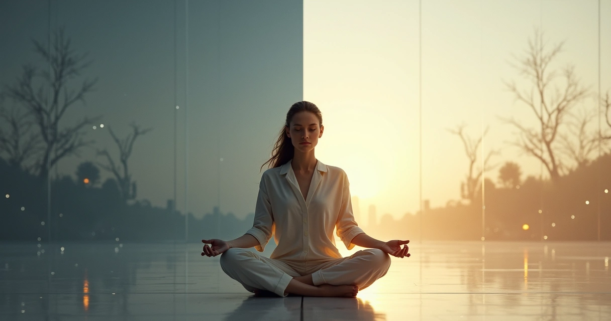 Pessoa meditando dividida entre sombra do ego e luz do crescimento espiritual 