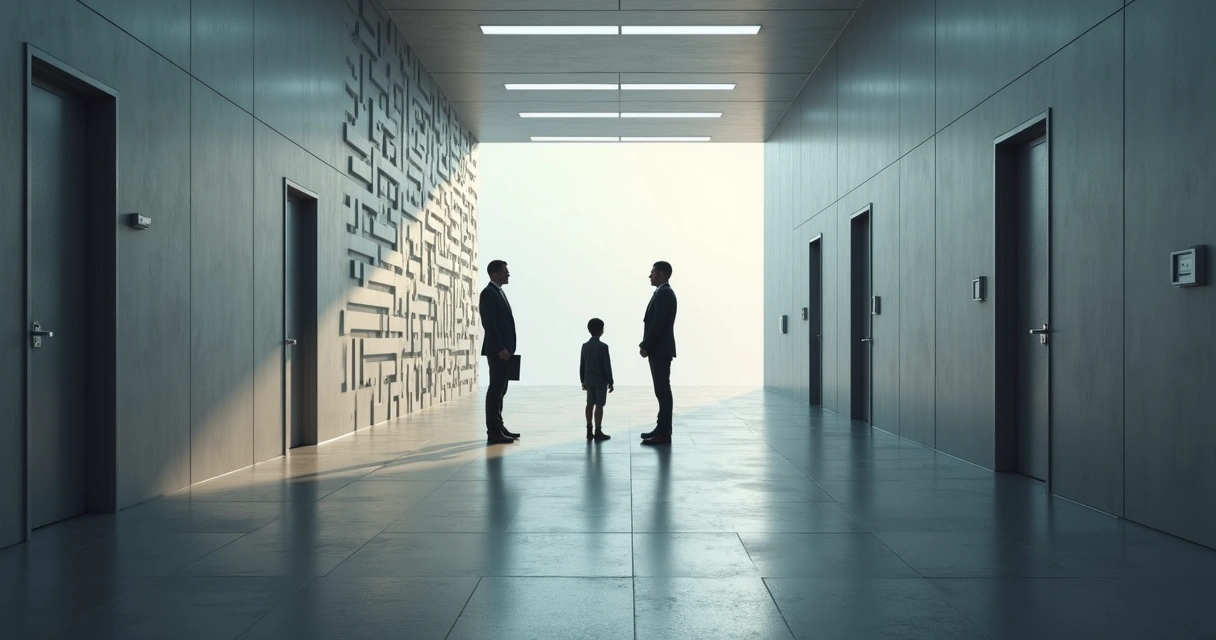 Corredor corporativo com sombras projetando um grande labirinto na parede 