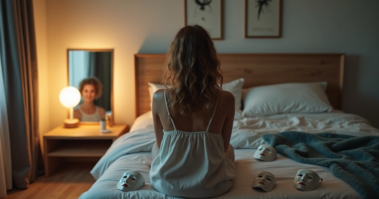 Pessoa olhando para o espelho cercada por máscaras simbolizando o ego nos relacionamentos 