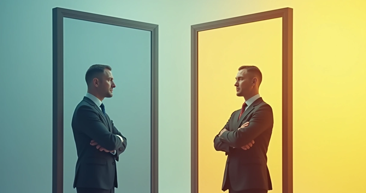 Ilustração conceitual de um líder diante de dois espelhos, um mostrando arrogância e outro humildade. 