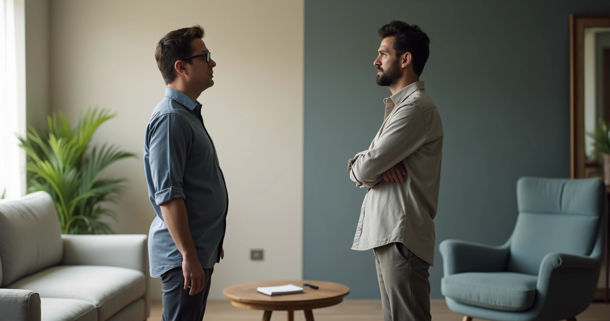 Dois perfis da mesma pessoa lado a lado mostrando ego saudável e ego inflado 