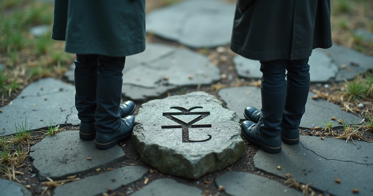 Stalled partnership symbolized by Ehwaz rune upside down and two people standing apart 